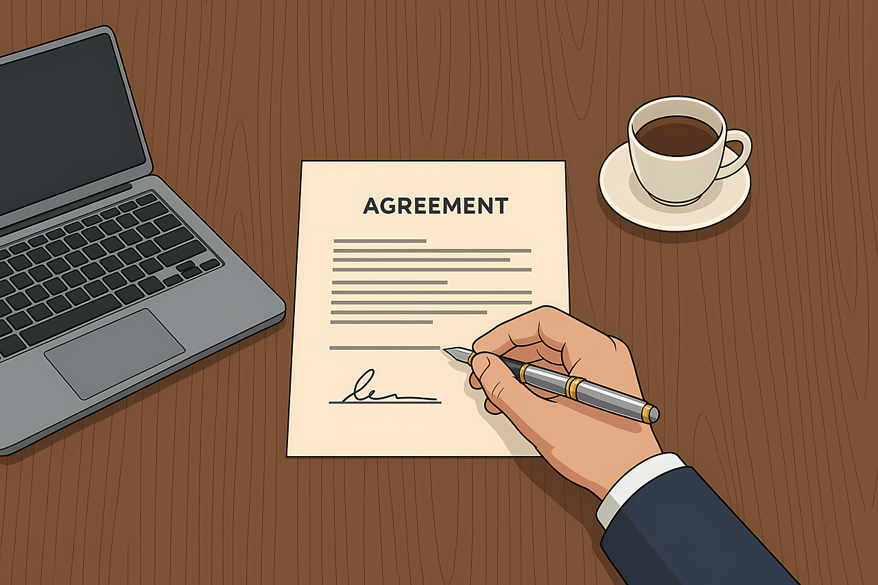 Persoon tekent een arbeidscontract aan een bureau